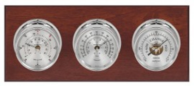 Maximum Montauk 2S Three-Instrument Weather Station with mahogany panel, chrome case, silver dial