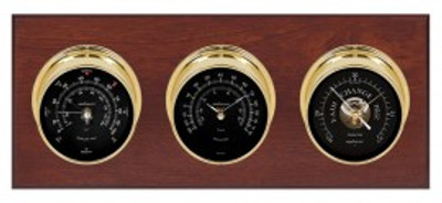 Maximum Montauk Three-Instrument Weather Station with mahogany panel, brass case, black dial