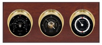 Maximum Newport 2S Three-Instrument Weather Station with mahogany panel, brass case, black dial Maximum Newport 2S Three-Instrument Weather Station with mahogany panel, brass case, black dial