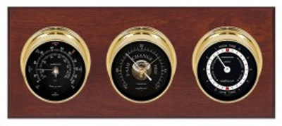 Maximum Newport Three-Instrument Weather Station with mahogany panel, brass case, black dial