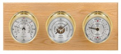 Maximum Newport Three-Instrument Weather Station with oak panel, brass case, silver dial