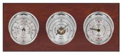 Maximum Newport Three-Instrument Weather Station with mahogany panel, chrome case, silver dial