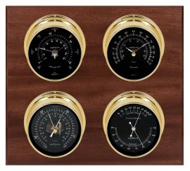 Maximum Observer 2S Four-Instrument Weather Station with mahogany panel, brass case, black dial