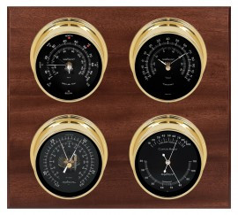 Maximum Observer Four-Instrument Weather Station with mahogany panel, brass case, black dial