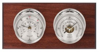 Maximum Portland 2S Two-Instrument Weather Station with mahogany panel, chrome case, silver dial Maximum Portland 2S Two-Instrument Weather Station with mahogany panel, chrome case, silver dial