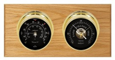 Maximum Portland Two-Instrument Weather Station with oak panel, brass case, black dial