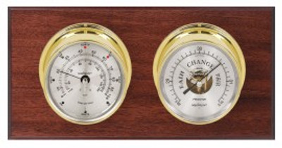 Maximum Portland Two-Instrument Weather Station with mahogany panel, brass case, silver dial