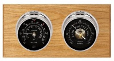 Maximum Portland Two-Instrument Weather Station with oak panel, chrome case, black dial