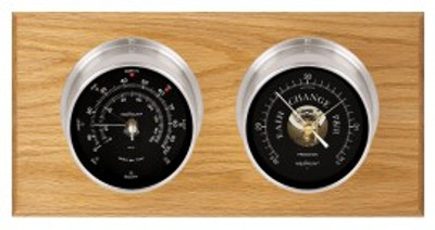 Maximum Portland Two-Instrument Weather Station with oak panel, satin case, black dial