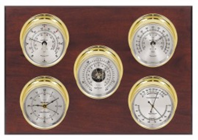Maximum Professional Five-Instrument Weather Station with mahogany panel, brass case, silver dial Maximum Professional Five-Instrument Weather Station with mahogany panel, brass case, silver dial