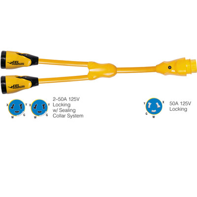 Marinco Y504-2-504 EEL (2)50A-125/250V Female to (1)50A-125/250V Male "Y" Adapter - Yellow Marinco Y504-2-504 EEL (2)50A-125/250V Female to (1)50A-125/250V Male "Y" Adapter - Yellow
