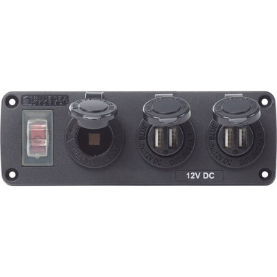 Blue Sea 4365 Water Resistant USB Accessory Panel - 15A Circuit Breaker, 12V Socket, 2x 2.1A Dual USB Chargers Blue Sea 4365 Water Resistant USB Accessory Panel - 15A Circuit Breaker, 12V Socket, 2x 2.1A Dual USB Chargers