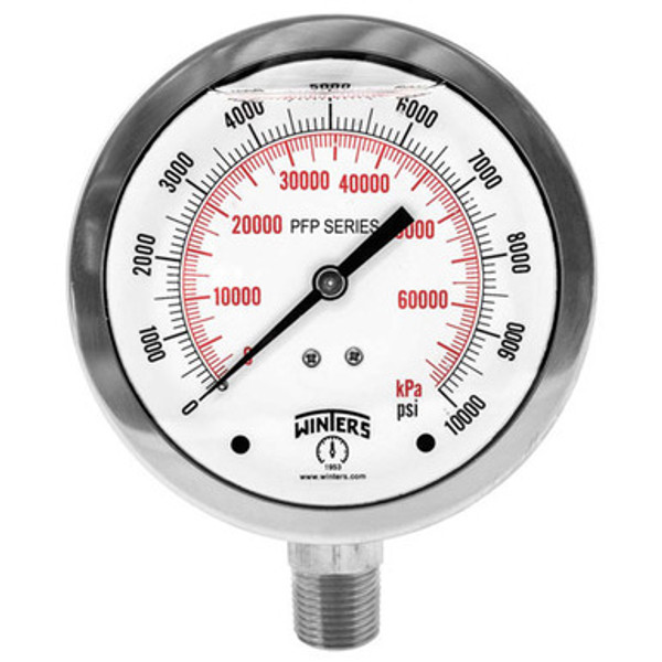 Winters PFP521, PFP SERIES 4.5" 0/5000 PSI/KPA BRASS 1/4" BTM 1% ACC, PREMIUM SS LIQUID FILLED GAUGE
