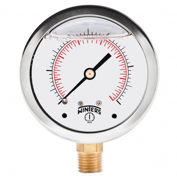 Winters PFQ1537, QUAL FILLED/SS 4"x1/2"NPT BTM 30/0/30 PSI/KPA, SS LIQUID FILLED GAUGE