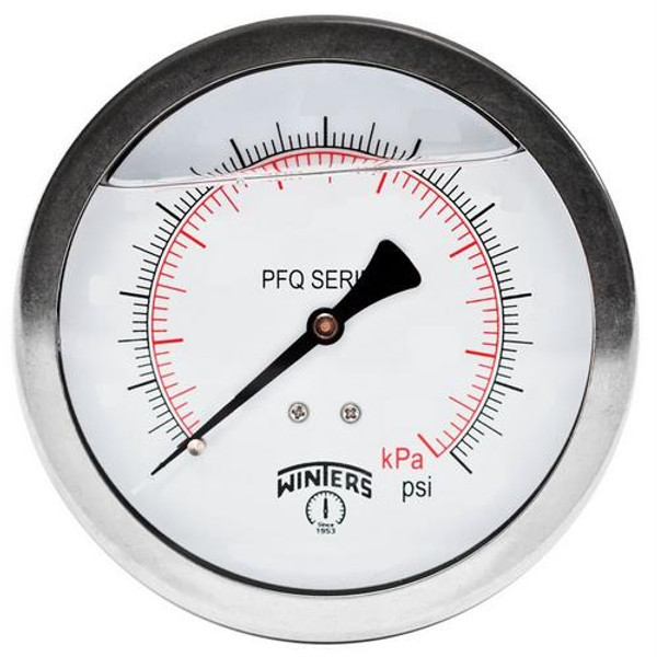 Winters PFQ1572, QUAL FILLED/SS 4"x1/2"NPT BACK 0/200 PSI/KPA, SS LIQUID FILLED GAUGE