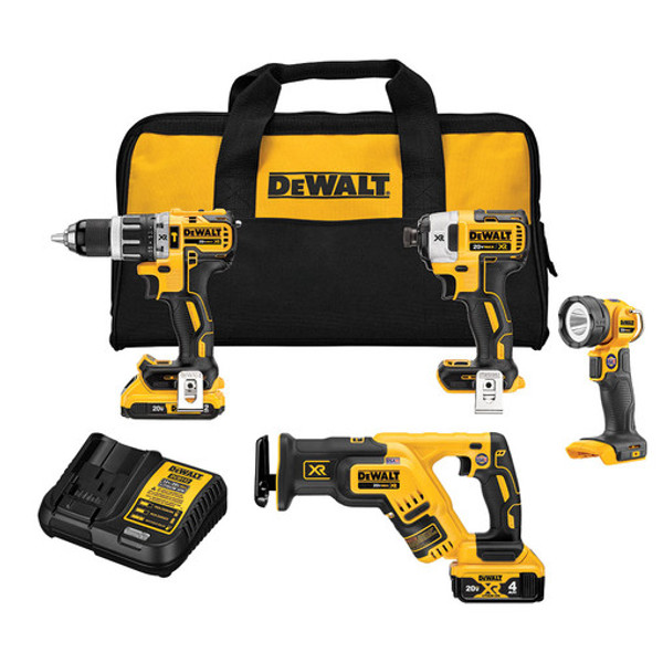 DeWalt DCK487D1M1 20V Max Brushless 4-tool Kit: Hammer drill/driver, Impact driver, Reciprocating saw, LED work light