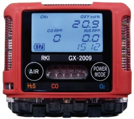 RKI GX-2009 Series Portable Three-Gas Monitor with charger and vehicle plug, O2/H2S/CO