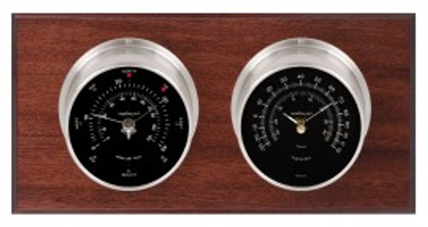 Maximum Catalina 2S Two-Instrument Weather Station with mahogany panel, satin case, black dial
