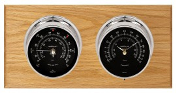 Maximum Catalina Two-Instrument Weather Station with oak panel, chrome case, black dial