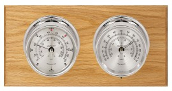 Maximum Catalina Two-Instrument Weather Station with oak panel, chrome case, silver dial