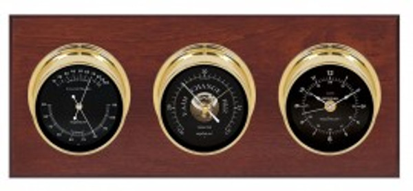 Maximum Executive Three-Instrument Weather Station with mahogany panel, brass case, black dial