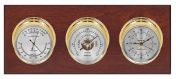 Maximum Executive Three-Instrument Weather Station with mahogany panel, brass case, silver dial
