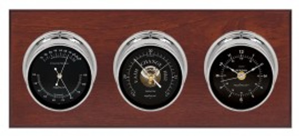 Maximum Executive Three-Instrument Weather Station with mahogany panel, chrome case, black dial