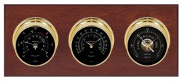 Maximum Montauk 2S Three-Instrument Weather Station with mahogany panel, brass case, black dial