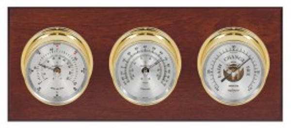 Maximum Montauk 2S Three-Instrument Weather Station with mahogany panel, brass case, silver dial
