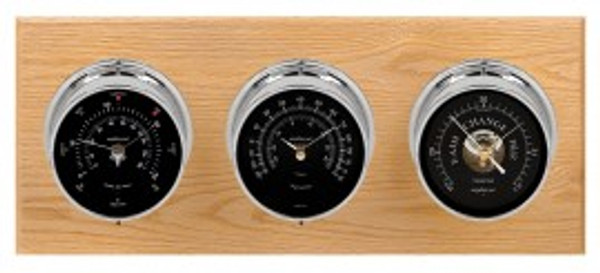 Maximum Montauk 2S Three-Instrument Weather Station with oak panel, chrome case, black dial