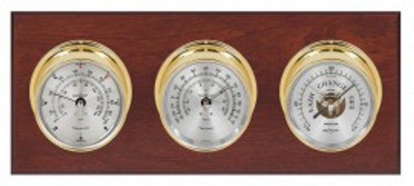 Maximum Montauk Three-Instrument Weather Station with mahogany panel, brass case, silver dial