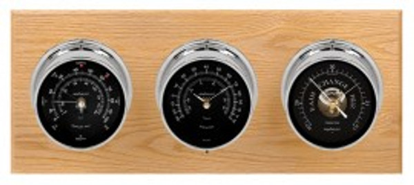 Maximum Montauk Three-Instrument Weather Station with oak panel, chrome case, black dial