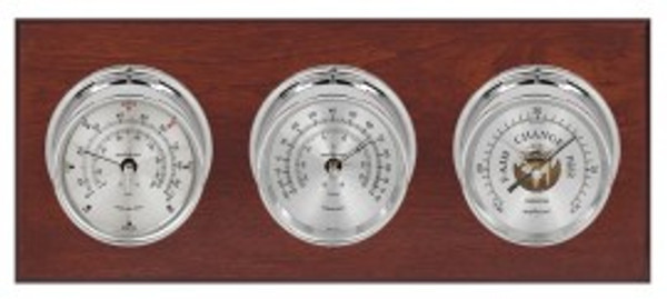 Maximum Montauk Three-Instrument Weather Station with mahogany panel, chrome case, silver dial