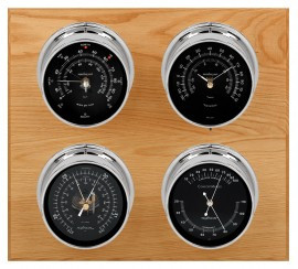 Maximum Observer Four-Instrument Weather Station with oak panel, chrome case, black dial