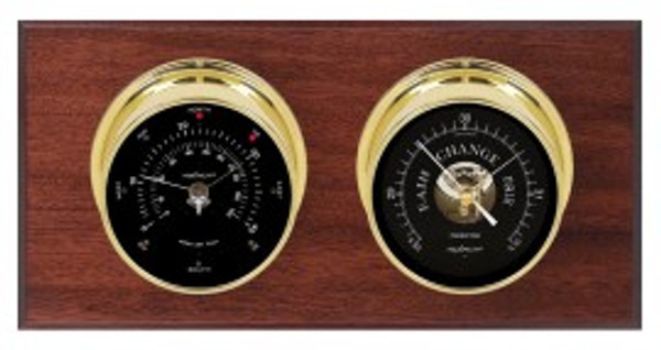 Maximum Portland 2S Two-Instrument Weather Station with mahogany panel, brass case, black dial