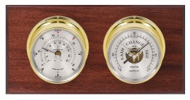 Maximum Portland 2S Two-Instrument Weather Station with mahogany panel, brass case, silver dial