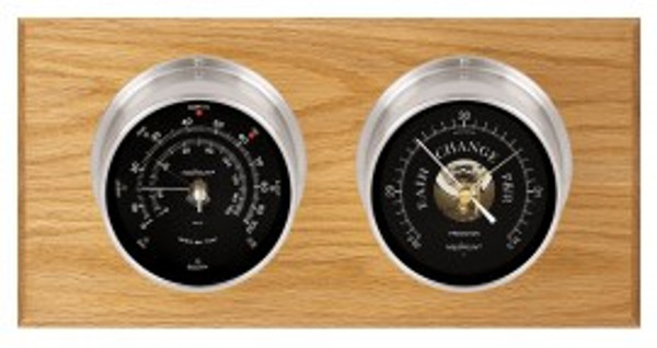 Maximum Portland Two-Instrument Weather Station with oak panel, satin case, black dial
