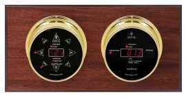Maximum Sorcerer Two-Instrument Weather Station with mahogany panel, brass case, black dial