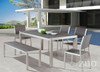 Zuo Modern Outdoor Metropolitan Aluminum Faux Wood Dining Set: As shown with brushed aluminum frames and the bench and table top in a faux wood finish.
