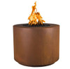 The Outdoor Plus Beverly Round Fire Pit: Fire pit shown in the corten steel natural rust finish with black rock media.