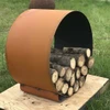 Rusted Steel Orbit Fire Pit Log Rack 38 inch diameter.