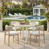 ZUO MODERN Zuo Bege Dining Chair White, outdoor dining chairs surrounding a round table on patio with backyard pool and garden view.
