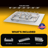 The Outdoor Plus Square Paver Fire Pit Kit | Stainless Bullet Burner, product graphic showing the stainless steel square burner in available sizes from 18 to 39 inches and included air vents, mounting brackets, and match-lit ignition.