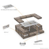 Exploded view of The Outdoor Plus rectangular paver fire pit kit showing the stainless steel pan and bullet burner, Match Lit key valve, air vents, and mounting brackets installed in a paver fire pit.