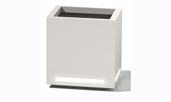 Linen-white powder-coated cube planter with illuminated LED panels on two visible faces