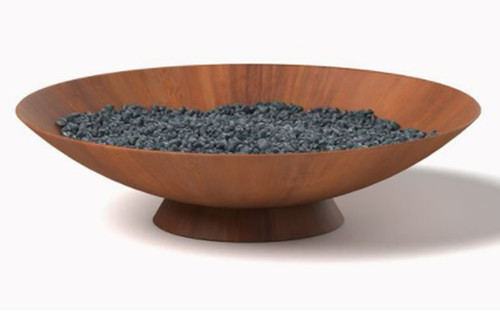 Round Fire Pit Dish- As shown Natural Gas configuration 250K BTU Burner in Corten Steel with a Natural Rust Patina and Black Lava Rocks.