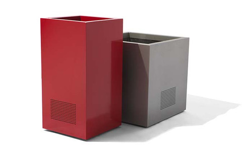 Custom Speaker Planters Shown- 18" Column and 21" Cube in Powder Coated Red and Metallic silver Aluminum w/ Speaker Configuration.