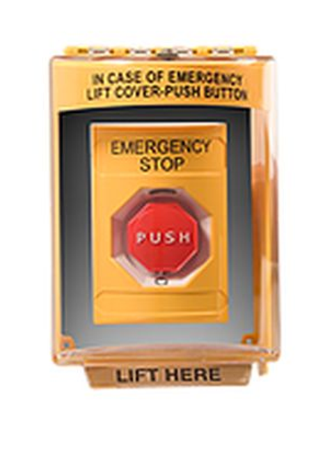 Commercial Grade Emergency Stop Button: Ash shown with yellow protective cover and red stop button.