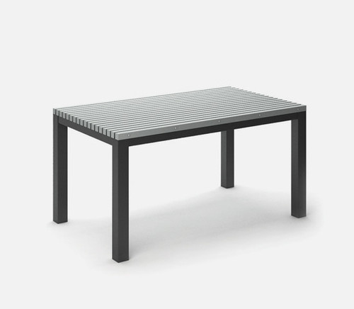 Rectangular Eden Homecrest Café Table Post Aluminum Base: As Shown in Carbon Aluminum Base and Light Gray Slat Top.