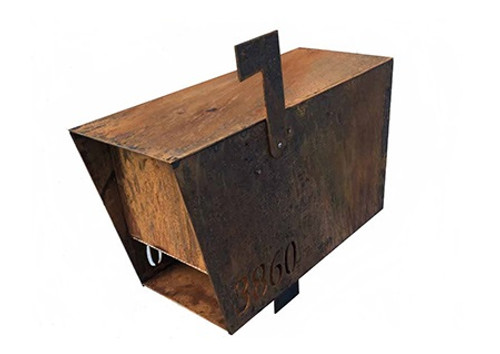 Modern Corten Steel Mailbox: As shown in the natural rust patina finish.